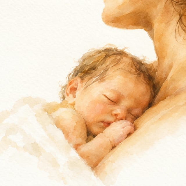 Watercolour of a newborn asleep on a parent's chest