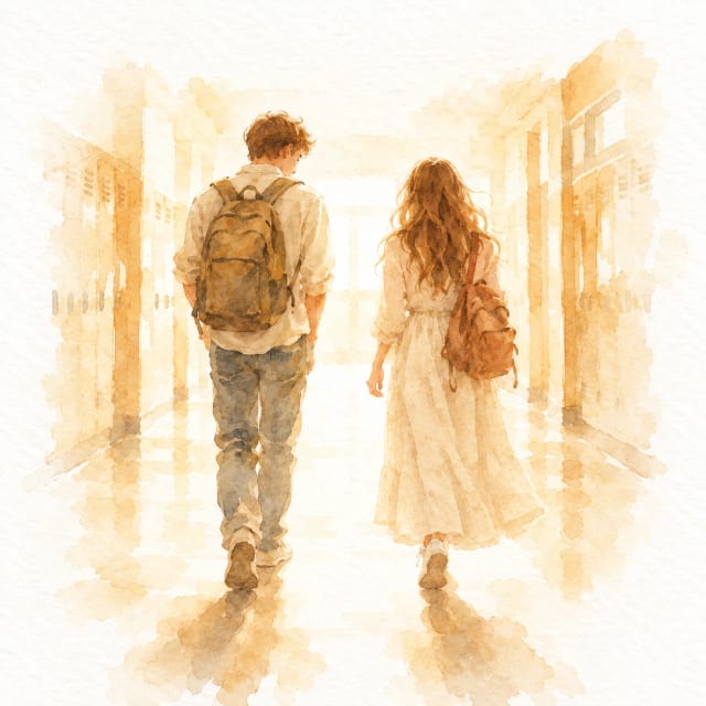 Watercolour of two teenagers walking side by side down a school hallway