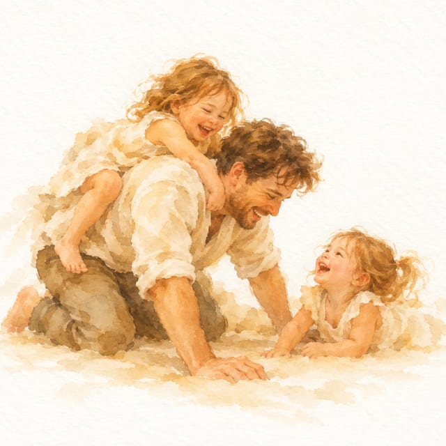 Watercolour of a laughing father on the floor playing with his two young daughters